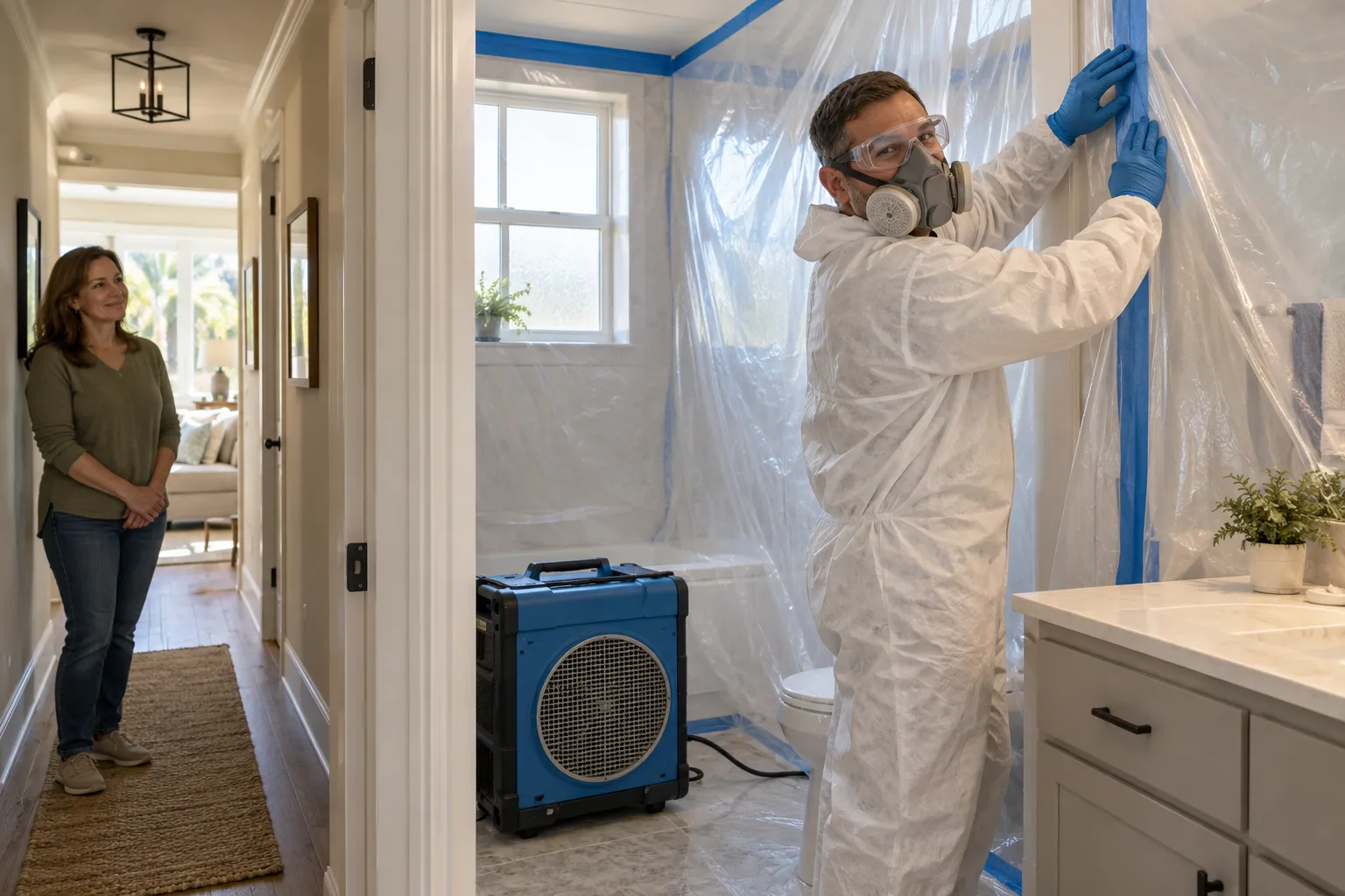 Mold remediation work area sealed with plastic sheeting